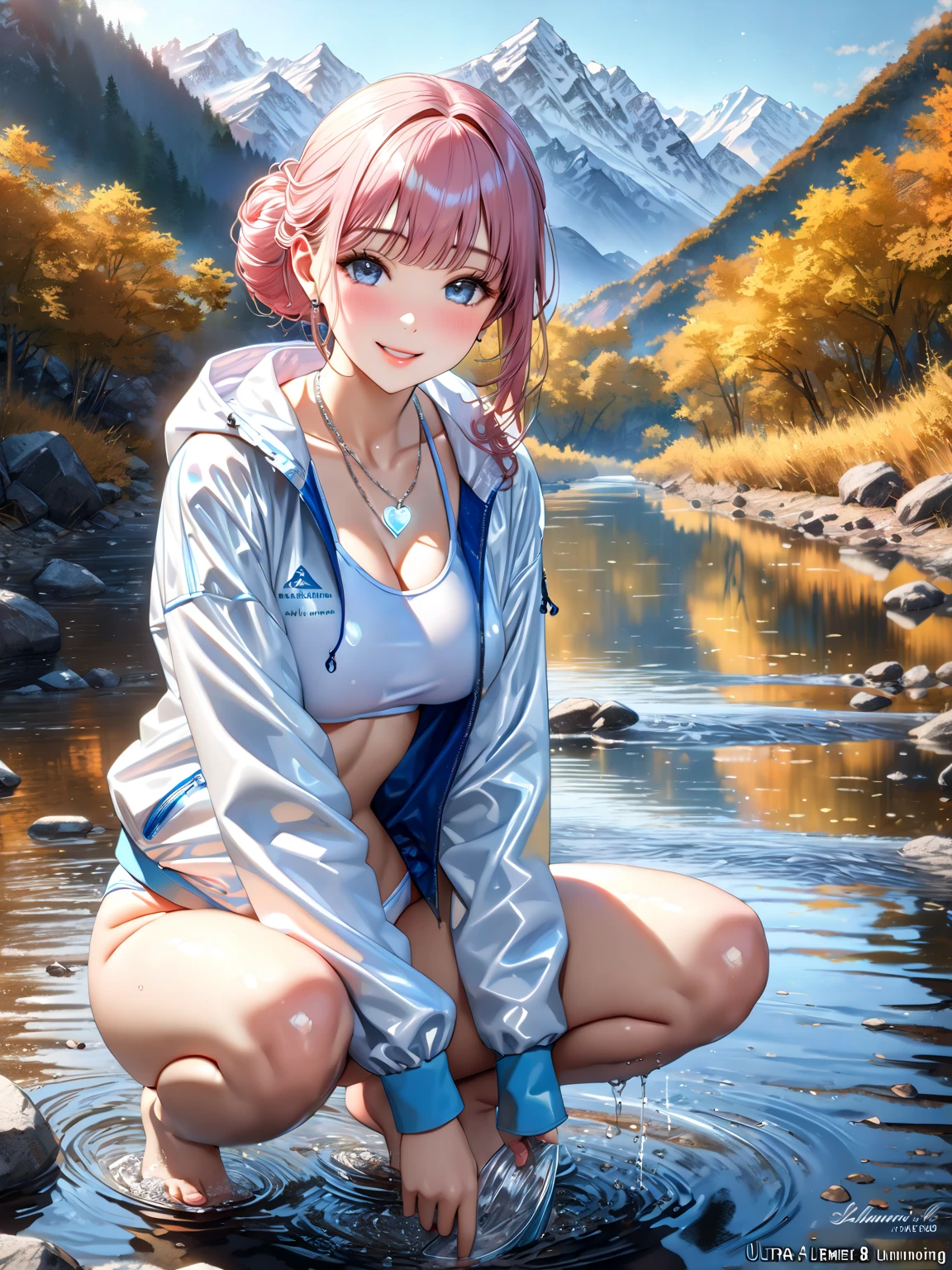 A girl, Best Quality, Waterproof clothing, wet clothes, Lifting Shirt, pink blouse, shirt.