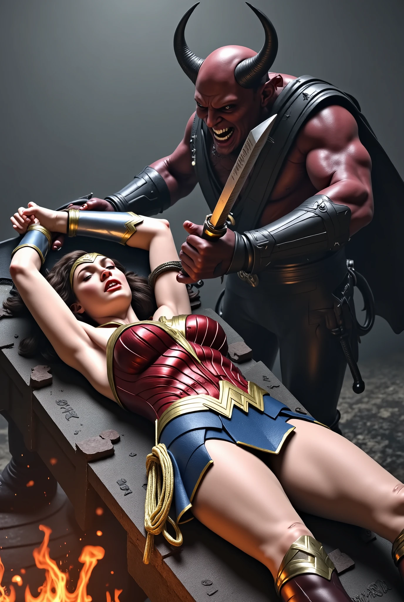 (best quality,highres:1.2), (ultra-detailed), (realistic:1.37), (HDR,UHD), (physically-based rendering), (Gorgeous and stunning curvy voluptuous Denise Milani beaten bloody and humiliated), beautiful supermodel face, ((no panties, exposed crotch:1.3)), ((topless, exposed chest:1.3)), ((olive green leather pleated skirt:1.3)), ((sexy nylon stockings:1.3)), ((short stiletto-heeled leather combat boots:1.3)), ((boxing gloves:1.4)), ((full breasts:1.3)), ((perky breasts:1.3)), ((cropped, short straightened jet-black hair:1.4)), ((beautiful large green eyes):1.3), ((thick thighs:1.4)), (defeated humiliated pose in a boxing ring), (lying down flat on a boxing ring floor), (lying down with legs spread in a boxing ring), (legs spread wide open), (full body portrait, view from above:1.3), ((torn clothing:1.4)), ((torn skirt:1.3)), ((bloody scratch marks on breasts:1.5)), bruised face, beaten up, bruises, cuts, scratches, humiliated, ((terrified expression, crying)), ((nylon stockings:1.3)), torn skirt, sexy defeated boxer, (hot red lips, makeup:1.2), ((long erect nipples:1.3)), big_boltedontits, boltedontits, th3p1t, ((peeing self)),