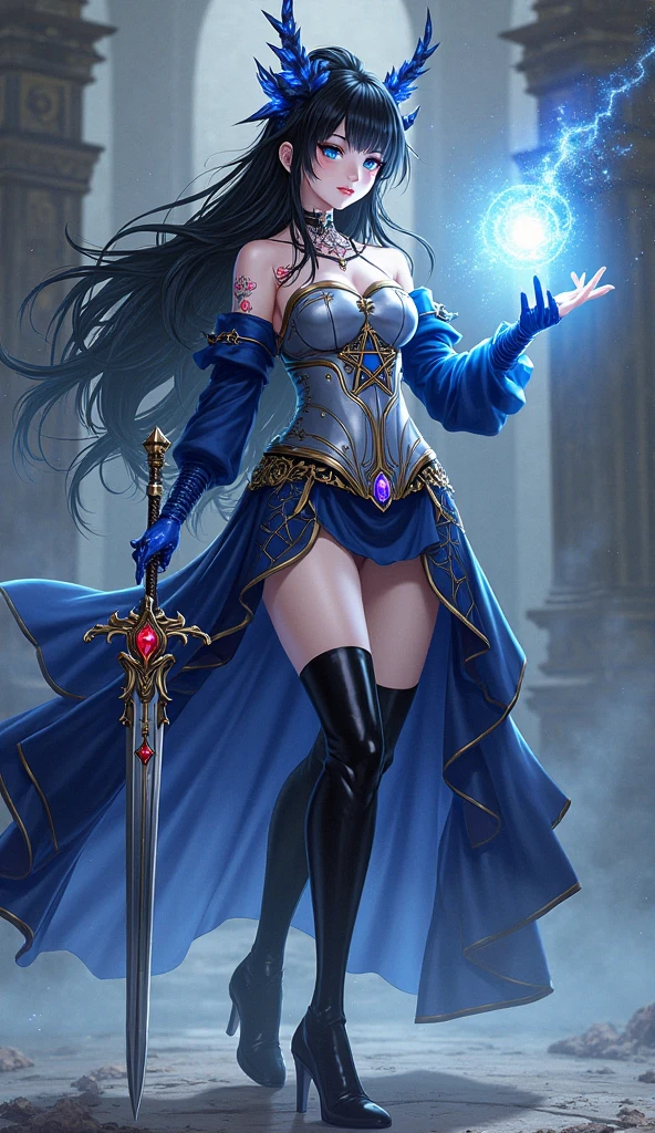 ( high quality , Very detailed, masterpiece:1.2),One Woman,Blue Hair,Long Hair,Swordsman,Revealing clothing,Waist belt,Without skirt,No cape,No underwear,High heels,Serious face,Fantastic lake, (Semen overflowing from the vagina:1.2),