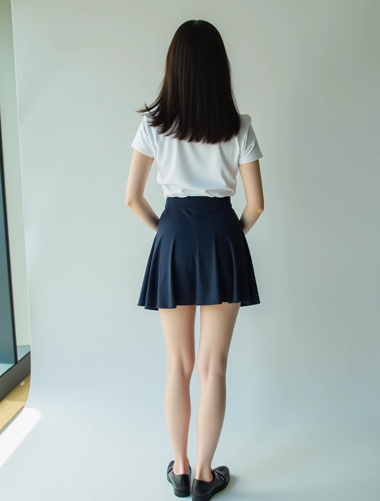 Realistic glowing skin, (発Sweat:1.8),Stand backwards,Look back at your face,Always look at the camera,(発Sweat:1.8),(Beautiful nipples in real life:1.6),,(whole body:1.9),(発Sweatしたリアルな白い肌:1.9),White socks, (Black leather shoes:1.8),
,Cold look,Cold Stare,Black Hair,short hair,Tie your hair short,Silky translucent white skin,,(Very detailed美しい顔), Great face and eyes, (Highest quality:1.4), (Very detailedな), (Very detailed CG 統合 8k 壁紙), Very detailed, High resolution raw color photos, Professional photography, Realistic portrait,Sweat,,(A Cup:1.9),(Flat Chest:1.9),(Very small breasts:1.9),(Breast augmentation:0.1),(Small breasts beginning to swell:1.9),(Breasts during puberty:1.9),
, (少女のwhole bodyの詳細なRAW写真), Canon EOS R5 250mm, Sharp focus, Cinema Lighting, (No makeup:1.2), Fine skin, Delicate collarbone,,(Ultra-high resolution:1.6), (Realistic:1.6),,(Japanese junior high school girls:1.9),(whole body:1.8),(Sweatが滴る肌:1.9),(Black pleated skirt for the lower body only:1.9),(Sweatで滲んだ肌:1.9),Age: Early s,(Raise one hand:1.6)
