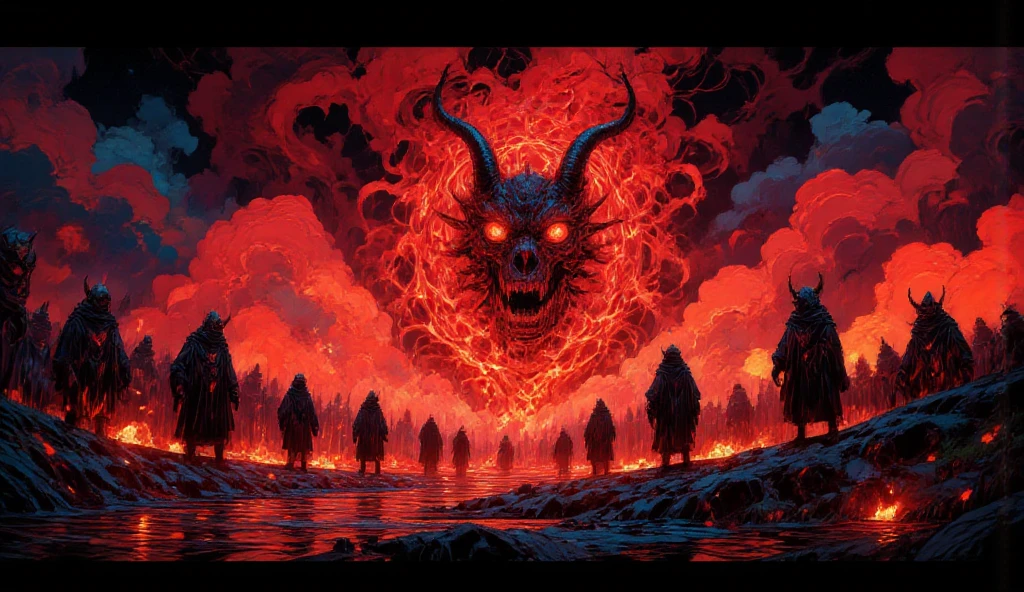 artstyle bse, illustration of Flames that never die, scorching the air and charring the earth. sulfur and brimstone. Dark, twisted forms that writhe in agony and despair. A landscape of barrenness and desolation, devoid of any hope or life. The weight of guilt and regret, crushing and suffocating the soul. The absence of any light, trapping all who enter in eternal darkness. A never-ending cycle of retribution, with no escape or relief, In the centre, a fallen angel. once glorious, now corrupted and twisted by his rebellion against God (Carmine Red) (Deep Black) (Orange) (Brown) (Dark Purple) (Oil on canvas), best quality, masterpiece, ultra high res, (photorealistic:1.4), raw photo, sharp focus, HDR, detailed skin