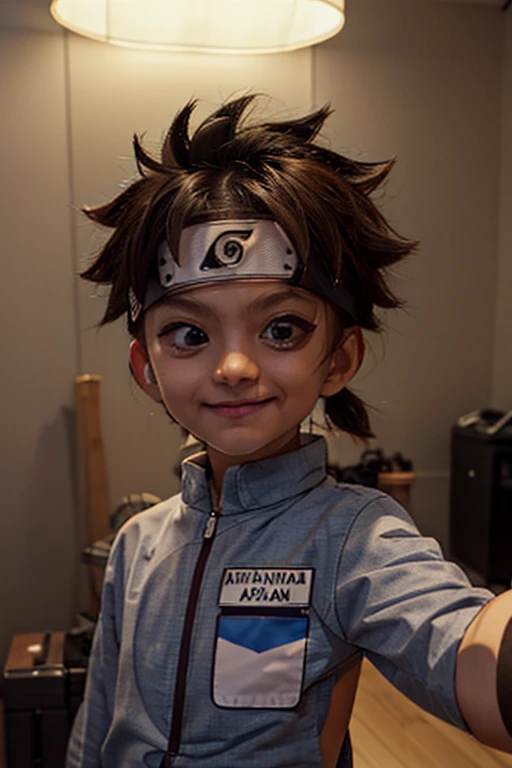 Real life adaption of this character , The handsome face of a little boy, realistic same hair , realistic same headband there is plate iron on the middle of headband (realistic same outfit), realistic background , realistic light, realistic shadow, realism, hyper realistic,(photorealistic:1.2), normal small eyes,
