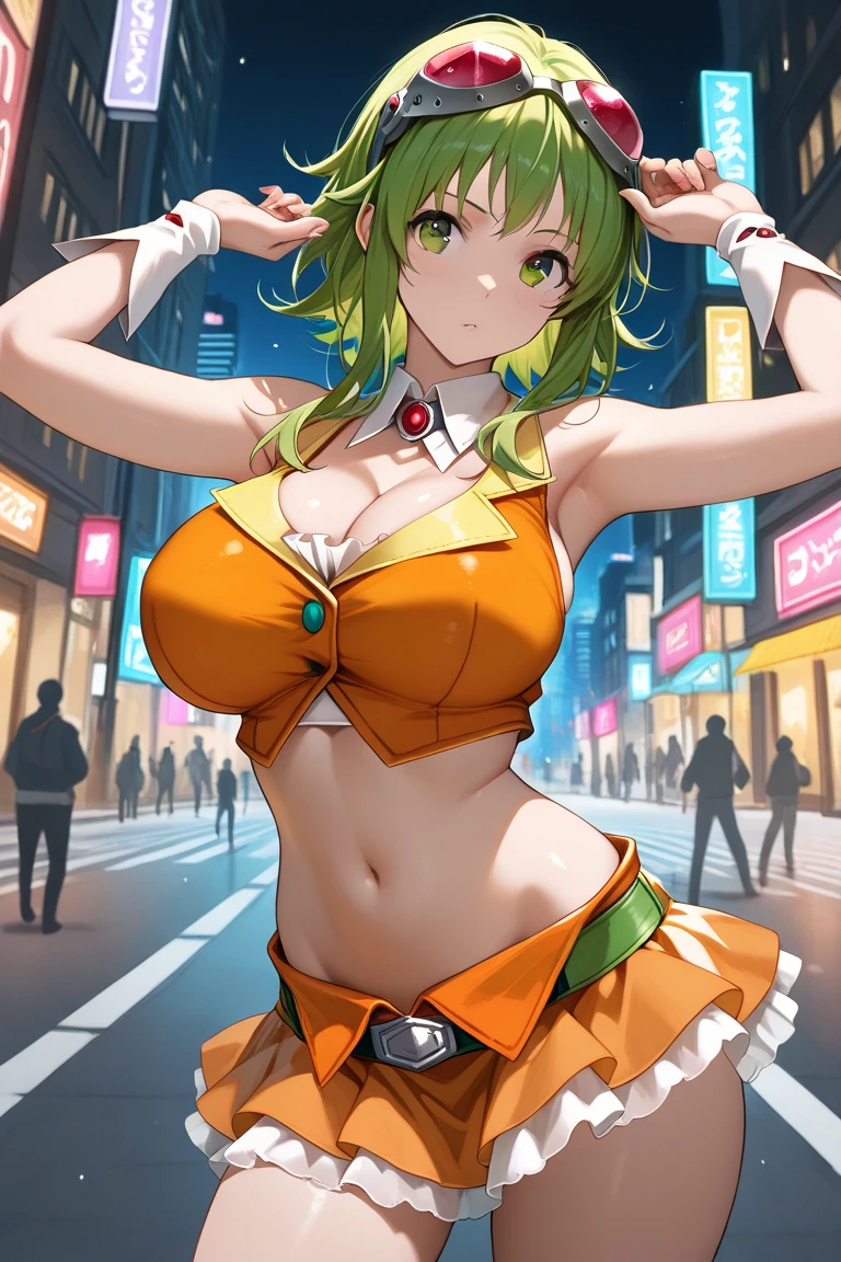 ((masterpiece,Highest quality:1.3)),cowboy shot,1woman,30 year old beauty、独奏,((very small head:1.5)),green hair,(low ponytail),long hair,blunt bangs,green eyes,gorgeous eyes,shy、Staring at the audience、medium breasts,((very long body:1.4)),(toned body,slender body,skinny),gleaming skin,shiny skin,oily skin,Light green tube top bra、navel、Yellow micro shorts、on street,Metropolis,neon、World of Blade Runner、
