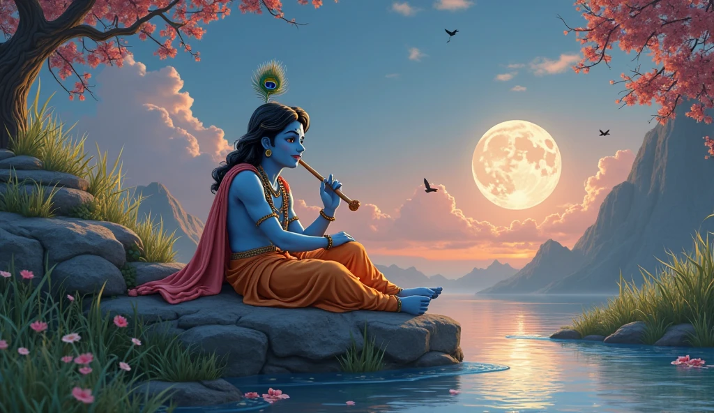 Imagine a serene night scene under a full moon, with Lord Radha and Krishna sitting by the seaside. They are both seated under a large, leafy tree, its branches providing gentle shade. The moonlight casts a silvery glow over the calm ocean, reflecting softly on the waves.Radha and Krishna are facing the ocean, not looking at each other but sharing the peaceful moment. Radha has a flute (Veṇu) placed beside her on the sandy shore, while Krishna has a peacock resting calmly next to him. In the ocean, the water has subtle, mystical shapes resembling turtles and fish, adding an element of magic to the scene.This peaceful and divine atmosphere is perfect for capturing the deep, serene connection between Radha and Krishna, as well as their bond with nature.