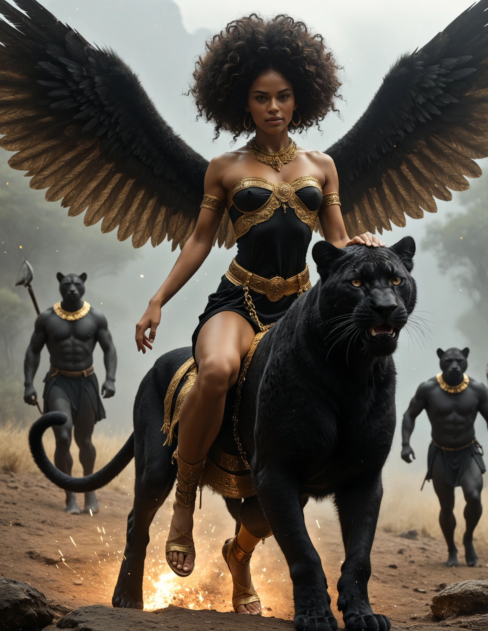 a woman in a gold outfit and a tiger, muscular warrior women, the smooth black lioness, queen, wakanda, epic 3 d oshun, Fundo wakanda, woman strong, skin black!!!, dark skin female goddess of love, black panther, Warrior Woman, amazon warrior, posing for a fight intricate, trending in cgsociety, horned girl, devil horns, elf ears, cleavage, thigh, short skirt, sexy, wide black wings, golden Egyptian castle, golden egyptian outfit, tiger pet with her, sitting on golden throne