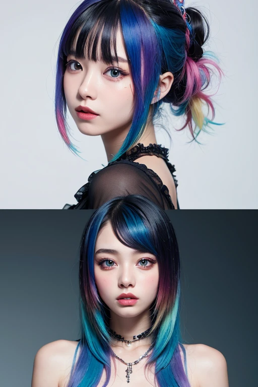 6 headshot photos in one photos, extremely beautiful woman with multicolored hair, laying on a white bed, looking at the camera man, neon colored fishnet set, moaning orgasmic ahegao face,