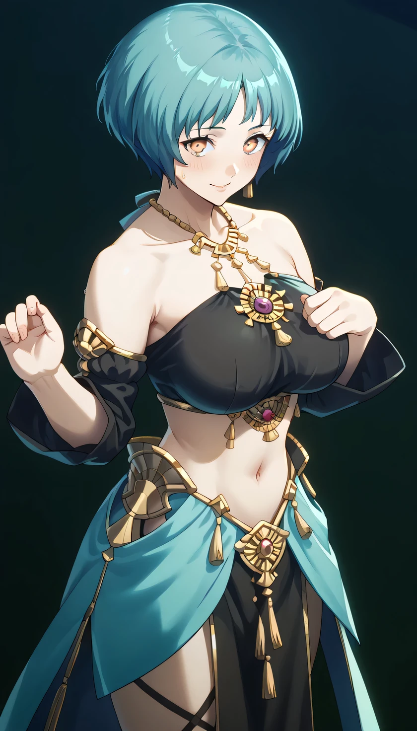 score_9, score_8_up, source_anime (masterwork, masterpiece, best quality, hyper-detailed :1.2), 1 girl, solo, cute face, cute pose p3fuuka, yamagishi fuuka, short hair, aqua hair, gray eyes,black bandeau, dancer,cross-laced legwear, black detached sleeves, circlet,jewelry,pelvic curtain,hair ornments,gigantic breasts,seductive pose,dynamic view,bouncing breasts,shy smile,underboobs,dancing,embarassment ,sweat,view from above