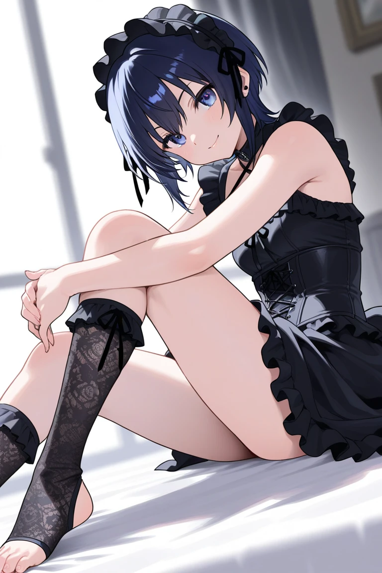Lei Ze, Lei Ze chainsaw man, 1girl, solo, purple short hair, green eyes, shy expression, blush, black choker, white sleeveless tight shirt, black ribbon at the collar, black high waist slit skirt, black stockings, Sitting pose, low angle view, feet, point of view from feet, footjob, hands on floor, sexy pose, plump thighs, bent legs, tight stockings, soft thigh skin, alley background, city view, shadowed wall, above Sunshine, anime style, high contrast, detailed lines, soft lighting, high resolution, high detail, high definition, complex shadows, realistic textures, smooth transitions