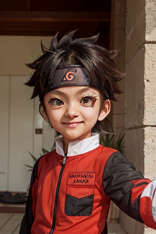 A boy, have many cruve, boys in ninja dress, dress color, black with red strips, devil eyes, curs mark, on nose, to chik