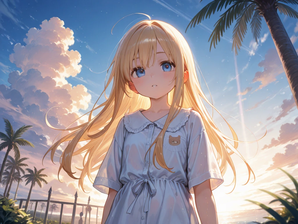 最high quality、Best image quality、masterpiece、Teenage Girl((18-year-old、 By becoming、Best Bust、Medium Bust,Tea with a wide open chest、blue eyes, Blonde Hair、Habitual hairstyle、Long Hair、thin,Highest valley、Blue shorts、Attractive face、sweating、like、Stay close to your audience、Leaning forward、Hair blowing in the wind)),high quality、Beautiful art、background((Hawaii、Waikiki、Palm tree、Beach、sunset))Flying debris、Written boundary depth、movie、Visual Arts、Perfect art、8k,Genuine