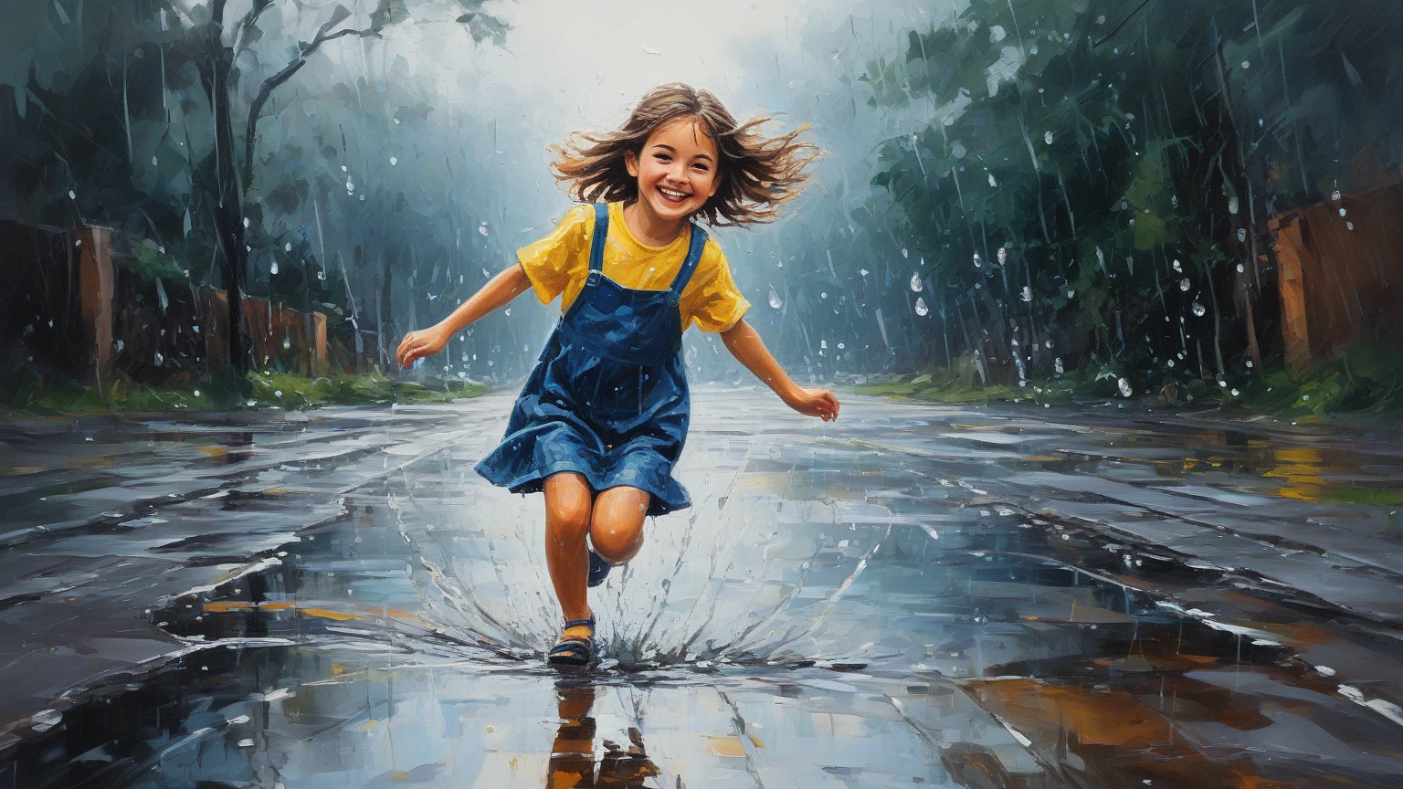 

create a fractal masterpiece of a digital art creation of a cute laughing  with messy hair, wearing a red and purple layered dress, jumping in a muddy puddle, with rain effects and an umbrella