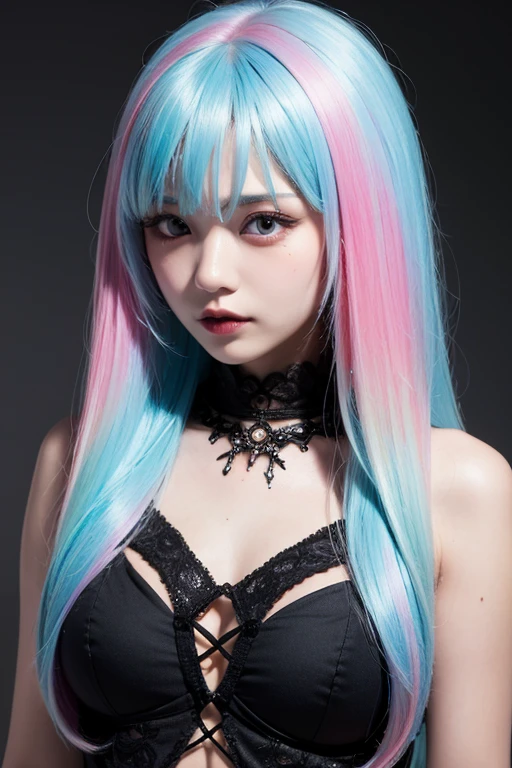 goth, bedhead, color:spectrum, excited, multi colored, pale skin, smoky eyes, vivid colors, indoors