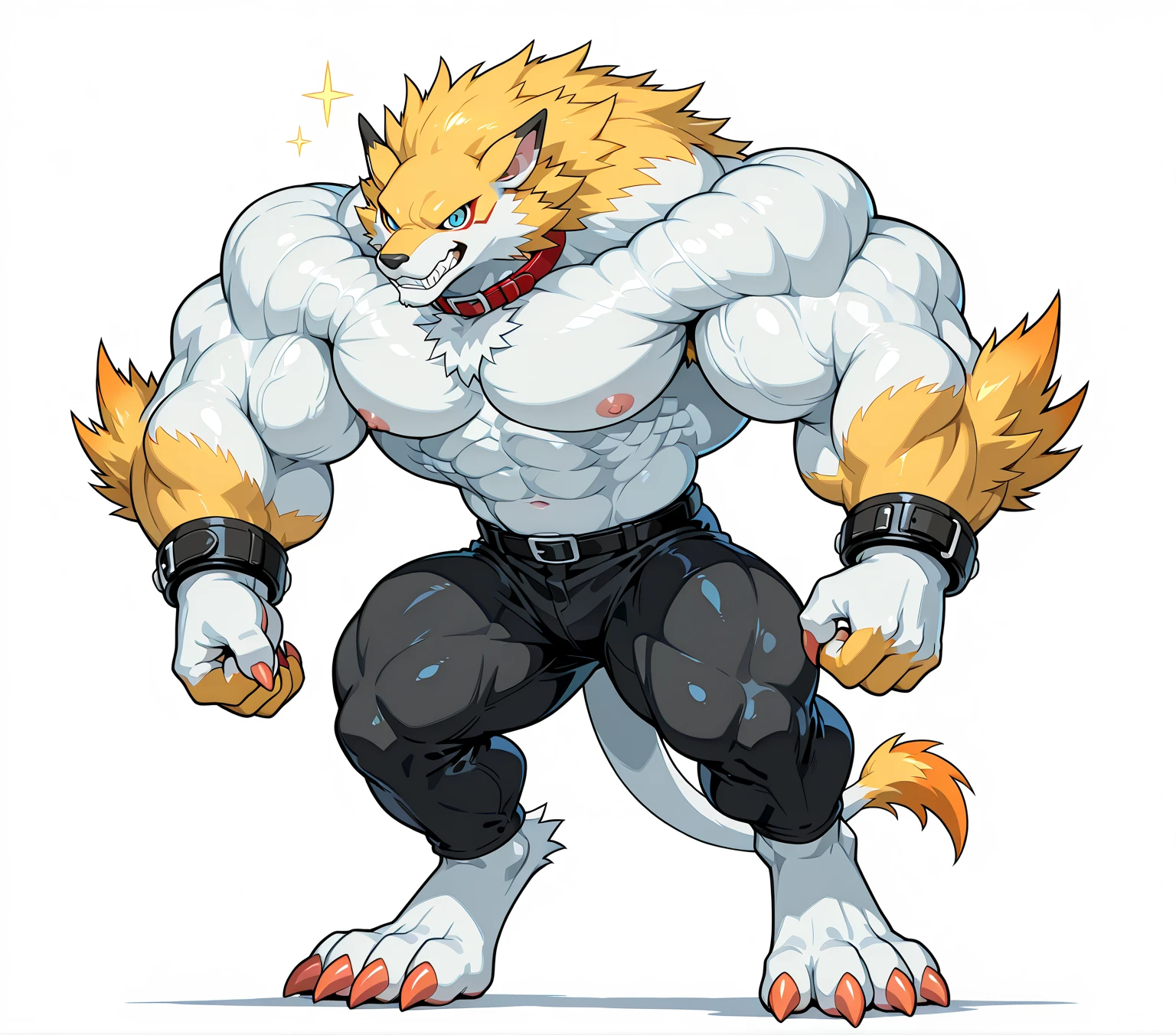 (Digimon) A Leomon in the bodybuilding competition., en el escenario con otros culturistas Leomon a su lado, wearing a small thong (metallic color: tanga de oro) masivo, Huge, muscular bodybuilder with extraordinary biceps, pectorales, triceps, trampas, cintura estrecha, gigachad, 300 libras.