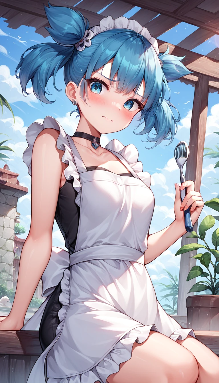 seiun sky,umamusume, 1 girl, young, long bangs between eyes, cute face, (((blush,))) medium  hair, qua hair, [medium breast,] (((thighs,))) beautiful detailed blue eyes, white skin, (((((naked apron,))))) ((plaid panties,))