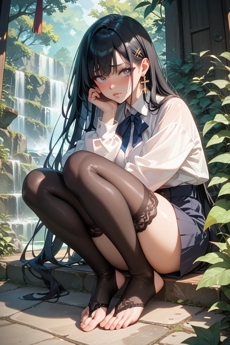 masterpiece、top-quality、light Particle, ultra-detailliert, in 8K,(Bright colors:1.2), (1人の女性),manhattan-cafe(Umamusume)、(horse ear、Horse tail、Horse Girl)、((((Long Black Hair)))),long black bangs passing between the eyes,,Shiny hair, Shiny skin, sleeves past fingers、small tits、White jacket、a miniskirt、long boots、(((cowboy shot)))、((((sitting with knees arised))))、((Meadow at night))、Moonlight、fullmoon,starrysky