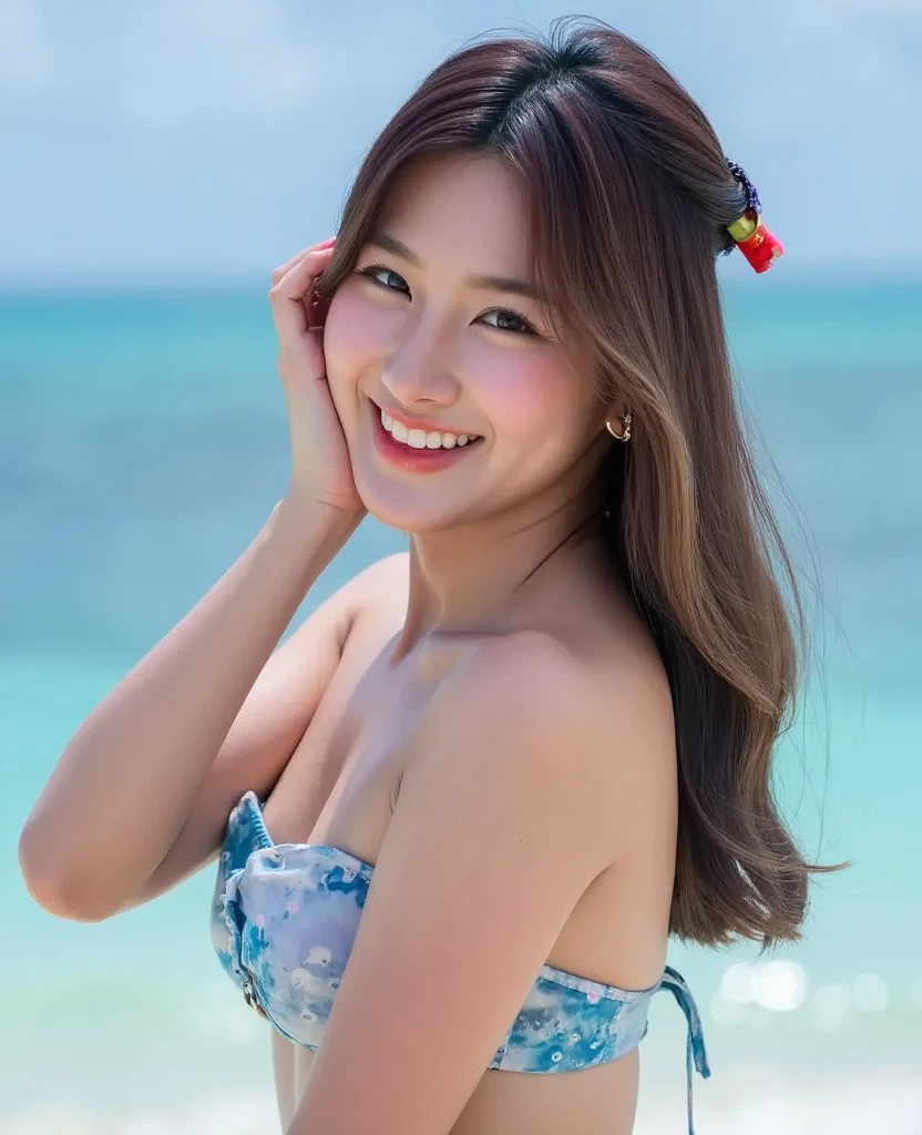 table top, highest quality, realistic, super detailed details, finely, High resolution, 8k wallpaper, (1 female), Beautiful woman、korean style makeup、sharp face、small face、droopy eyes、firm chest、cleavage、Light brown fluffy long hair, (Overwater cottages in the Maldives,Crystal clear sea seen from the window, Views with white sand beaches and palm trees)、highly detailed background、sharp focus, perfect dynamic composition, beautiful and detailed eyes, Detailed realistic skin texture, smile, on the road、brown pupils、Swaying earrings、 necklace、Show 1&#39;~ side、