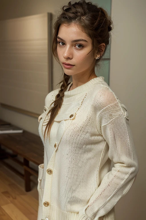 jeune fille, 20-30 ans beau visage extrêmement détaillé), Visage et qualité des yeux incroyables:1.4), (ultra-détaillé),cheveux au blond coupe au carré, (fond d&#39;écran 8k unifié CG extrêmement détaillé), très détaillé, Photos couleur brutes haute définition, Photographie professionnelle 8k, Portrait réaliste, Un visage et des yeux vairon incroyables, (High école Uniform, Minjupe plissée:1.3), (Vêtements avec des poitrines grandes ouvertes:1.4),