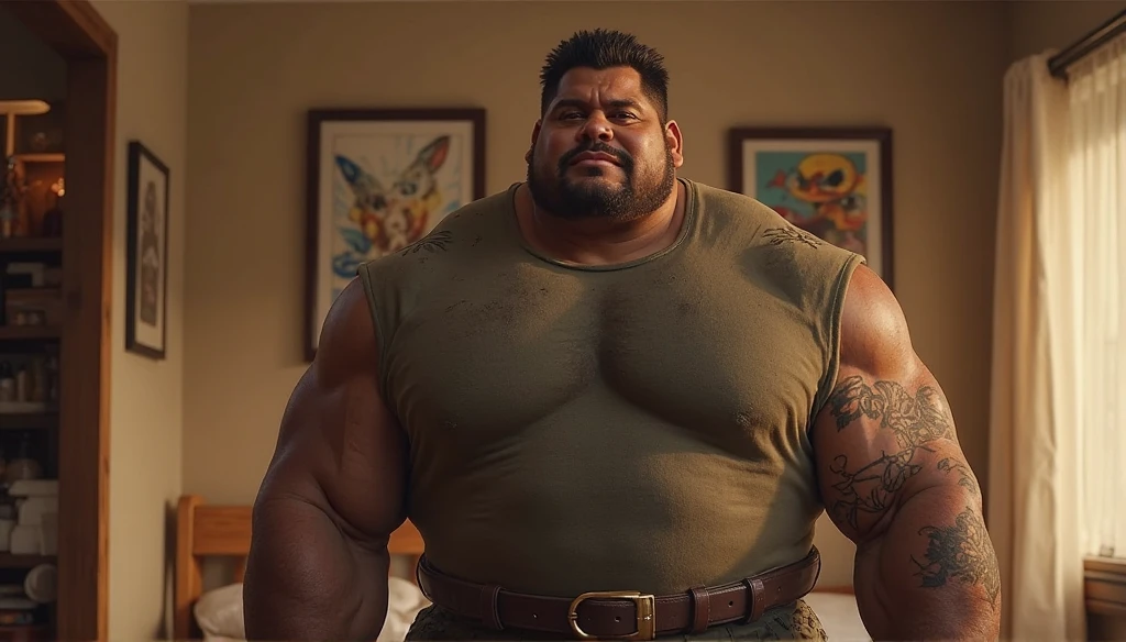 Local middle-aged elegant giant uncle,Male uncle,National character face,The eyebrows are thick and dark,Thick lips,largeeyes,Dark skin,Looks modest,Body obesity,potbelly,Strong chest,There is chest hair,I also wore a long tie,The upper body is wearing a dark blue shirt,The neckline is torn open,The shirts were all unbuttoned,Expose pectoral muscles and big belly,legs are open,Raise your legs,Butt forward,Thick soles of the feet can be seen,The lower body is wrapped in a white bath towel,Sit on the bed,full of sweat,Covered in sweat,The expression is shy,Ruddy face
