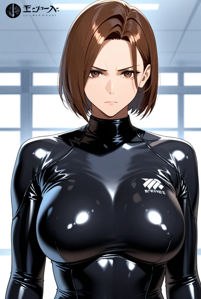 Inside the sports gym,inside the dance studio,((face close up1.8)),One girl,sweat,(dark skin color),short black hair,seductive smile,high-neck-leotard,bodysuit.