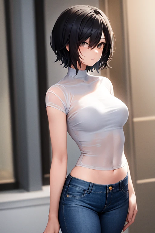 17 year old black girl with very short straight hair, light green eyes, perfect breasts, perfect butt, toned legs, perfect body, wearing long shirt and tight short shorts, pose with black background