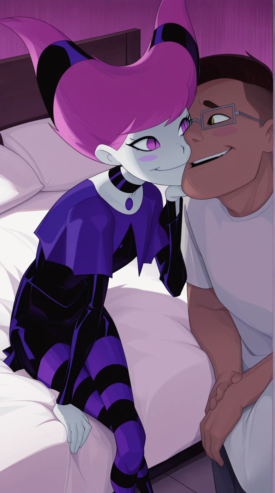 Duo, score_9, score_8_up, score_7_up, sera, kemono style, Anthro black avian, puffed up feathered chest fluff, purple eyes, tall slender body, black hair with purple highlights, female, naked, small breasts, BREAK, she is on her knees, sucking on a faceless human males cock, rear view, human male is sitting on a brown sofa, indoors, in a dark room with brick walls, nighttime