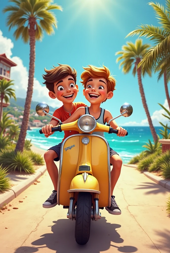 Two shirtless and very sweaty 15 year old boys riding a motorcycle, one driving and the other on the back