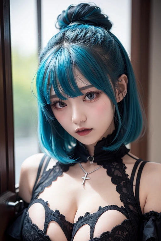 breasts, 1girl, earrings, large_breasts, jewelry, bangs, bare_shoulders, underwear, looking_at_viewer, cleavage, barefoot, blurry, blurry_background, shirt, sleeveless, lace_trim <lora:tamaki:1.1>