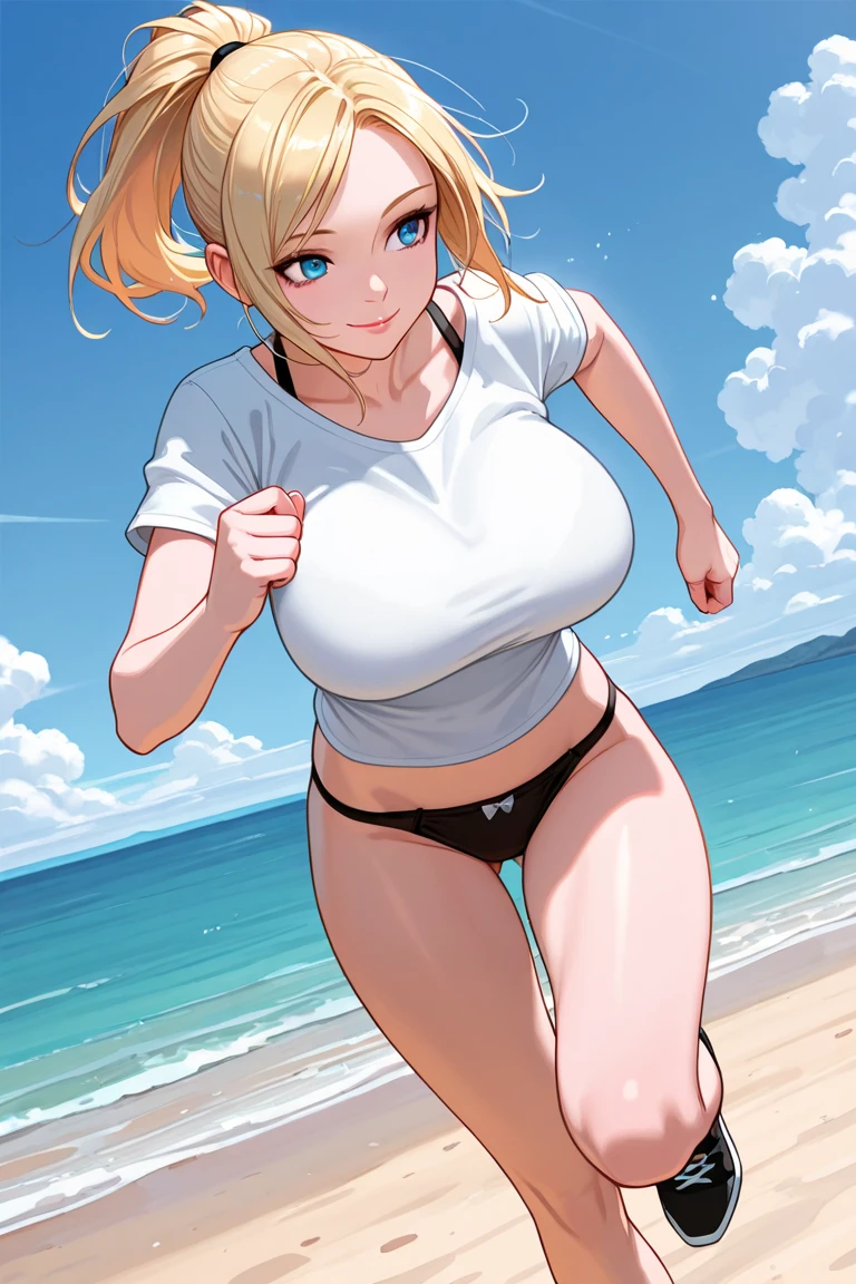 nsfw:1.5, Top quality, masterpiece, ultra high resolution, , (top quality, high resolution, 4K, detailed lighting, shaders, perfect anatomy, perfect proportions), eye of the beholder, (masterpiece, top quality) (top quality, 4K, 8K, high resolution, masterpiece: 1.2), highly detailed, (masterpiece: 1.3, top quality, ultra high resolution, ultra detailed), (top quality: 1.2), perfect eyes, perfect face, perfect lighting, (top quality, 4K, 8K, high resolution, masterpiece: 1.2), highly detailed, (top quality, 4K, 8K, high resolution, masterpiece: 1.5), highly detailed, masterpiece, top quality, ultra detailed, top quality, high resolution, 32K CG, very delicate and beautiful, illustration, high resolution, sharp focus, front lighting, glow, girl 1 person, solo, smiling, very beautiful and detailed anime face, very detailed eyes, ((masterpiece)), ((best quality)), (super detailed), ((cute)), cute, ((very detailed)), 4K, (8K), best quality, (best quality, 8K, 32k, masterpiece, super high resolution, very detailed, impressionistic:1.2), blurred background, (two arms) , (two legs), (four fingers and 1 thumb), Best quality , only one belly button, Bare shoulders.
(Beautiful woman). (Full body: 1.2). (Beach: 1.3). (Beautiful blue sky and clouds: 1.3). (Realistic water surface: 1.4). (White bikini with large red polka dots: 1.2). (Running at full speed: 1.7). (Looking towards the viewer: 1.6). (Beautiful face: 1.2). (Shiny blonde hair: 1.7). (Ponytail with red ribbon: 1.3). (Bangs swept to the side, showing forehead: 1.7). (Blue-green eyes). (Happy smile: 1.8). (Embarrassed: 1.2). (Topless: 2). (Tan lines: 1.4). (Breasts and nipples not covered: 2). (Small pink nipples). (Perfect proportions: 1.6). (Full breasts: 1.5). (Nice breasts: 1.4). (Narrow waist). (Slender body). (Beautiful butt: 1.2). (Realistic facial expression: 1.6). (Realistic skin texture: 1.3). (White choker: 1.5). (Necklace: 1.5). (Bracelet: 1.5).