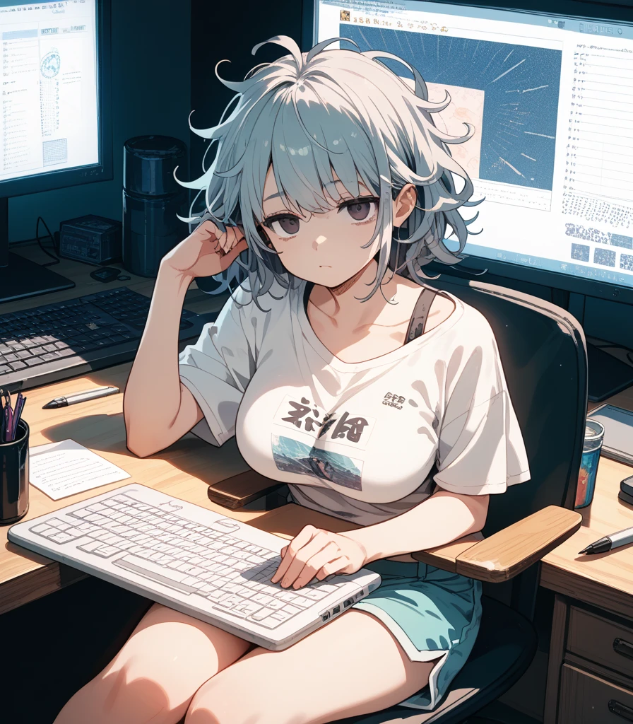 Silver wolf, honkai star rail, 1girl, solo, ((white shirt)), black thighhighs, breasts, cleavage, uniform, office background, black skirt, pleated skirt, office, hair between eyes, hair ornament, large breasts, long hair, looking at viewer, silver short nails, grey eyes, solo, thighhighs, thighs, ((masterpiece)), sitting, chair, desk, computer on desk, name tag, id tag, indoor, blush, sexy pose, hands behind, ((office top)),