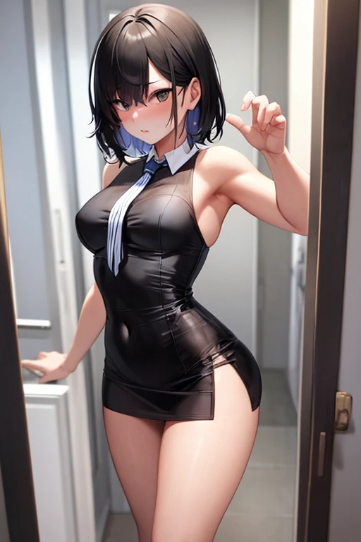 1 Cute naughty Assassin girl, Pastel colors hair, medium breasts, (Thighs, fishnet pantyhose, ninja costume), short hair, (dark blue hair:1.2), (naked:1.3), (forehead:1.2, bangs pinned back, asymmetrical bangs, hairclip, side ponytail:1,2), standard height, (Serious, Large eyes, yuruyuri), at the adventurer's guild, A bulletin board with posted paper