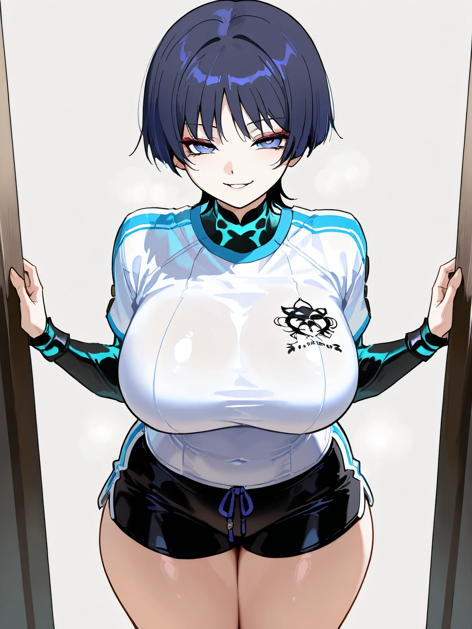 (Perfect body),Best Quality,(8K Portrait),(Official art)、(NSFW)、(((muscular)))、embarrassed from、1girl in,(:o)、Surprised、Wavy mouth、One eye is closed、(((thick thighs)))、(((blush))),(Sweat),((((large udder))))、(big butts)、(Dark hair),((bob cuts)),Short hair,Blunt bangs、 (Yellow eyes),(((Navy blue leotard)))、Police Hat、Black knee socks、((white  boots))、(Armpits)、(((spreading legs)))、(Wagas)