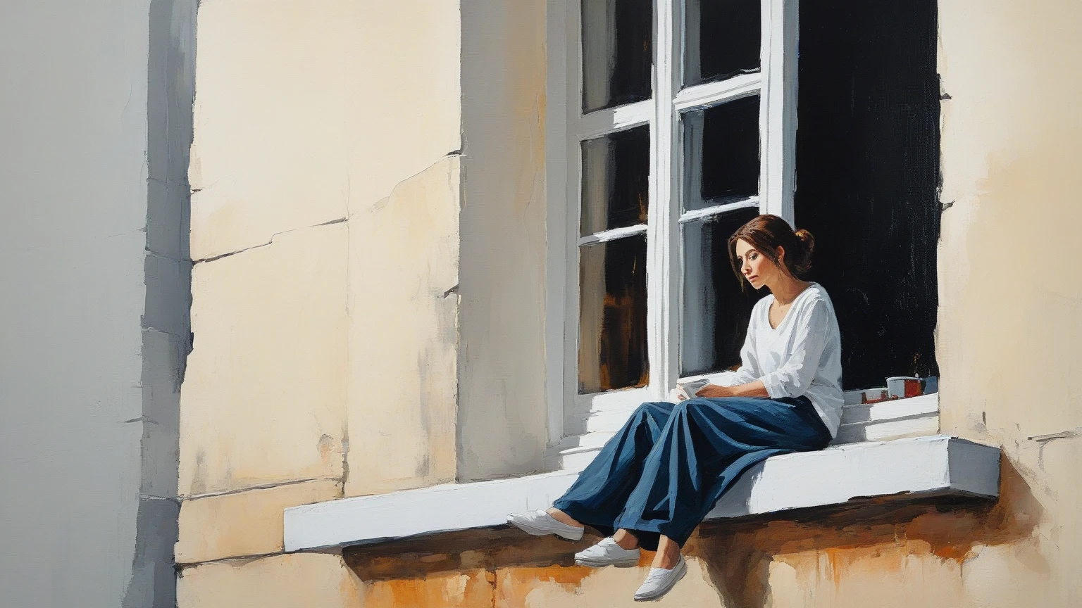 A couple in delight on top of a bed. Bodies intertwine in sensual poetry, almost clothes with birds looking out the bedroom window. Ela morena, olhos verdes.