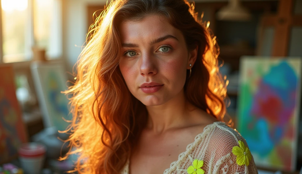 (Best Quality, Ultra Detailed, Realistic: 1.37), 25 year old Irish woman, red hair, medium length extremely curly layered hairstyle, bright blue eyes, high cheekbones, pale skin tone, taken with a Canon EOS camera R6 Mark II. , hunched over, looking over his shoulder

