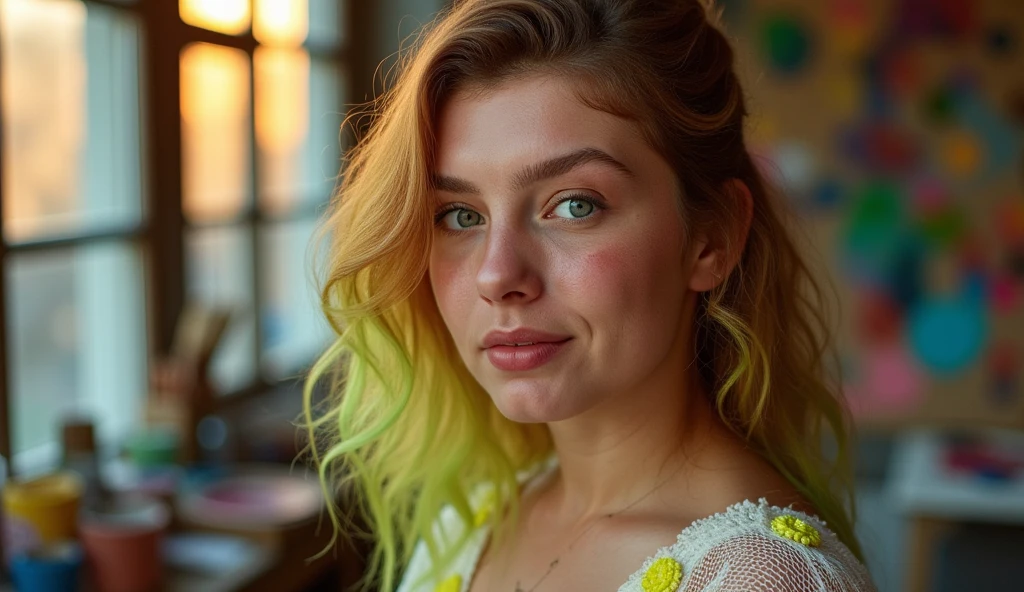(RAW photo) night scene, full body photo of a sexy girl, posing, looking at the viewer, smiling, pink hair in a ponytail, (green eyes: 0.8), handsome young face, 18 yo, soft volumetric lights, soft key and filler lighting, spots on the skin, (freckles: 0.9), detailed eyes, whole body, red dress, walking on the street