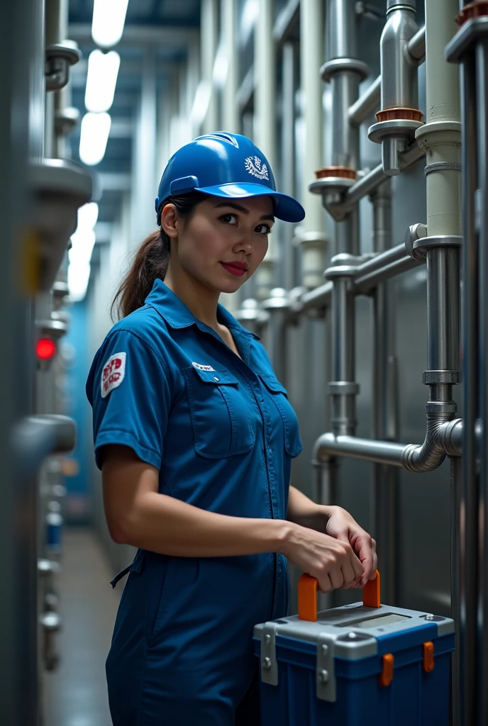 (an Asian worker, drinking water next to a water cooler in a panoramic factory workshop, smiling straight into the camera, high-res 4k image)