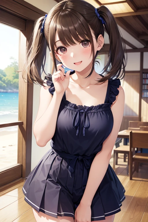 1girl,highres, high quality, masterpiece, mxmkWhiteDress, bare shoulder, purple eyes, white dress, braid, chocker, beach