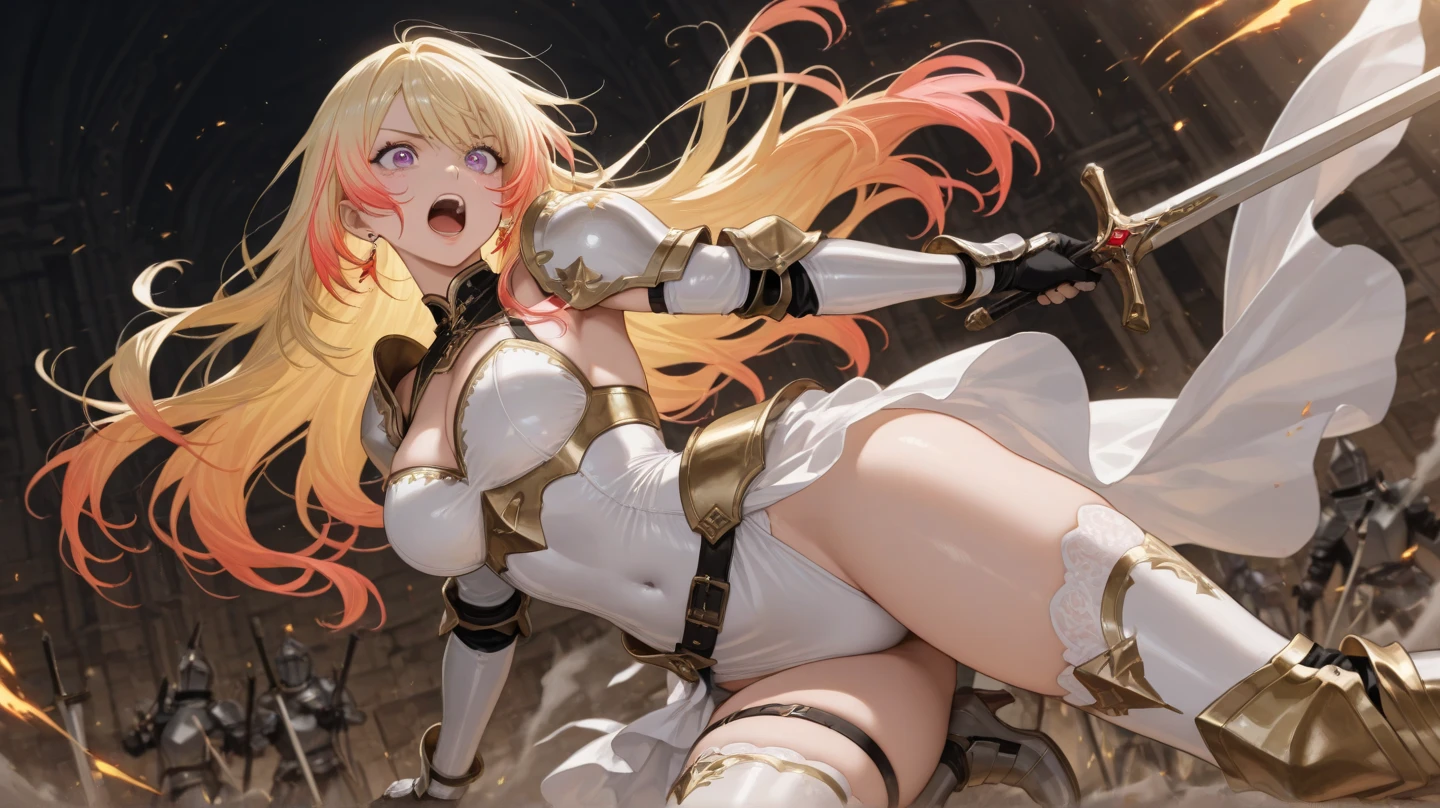 (Perfect Anatomy)、Mastepiece、Ultra High Quality、 8K、masterpiece、Highest quality、Ultra-high resolution、Maximum resolution、Very detailed、Professional Lighting、anime、woman、thin、so beautiful、Highly detailed eye、Highly detailed face、Golden earrings、Blonde, hair bun, Yellow Eyes、Mid-chest,Valkyrie armor, white open mini skirt , full body, gold pattern, white super long boots, white long gloves, female martial artist, high heels, white clawed gauntlets, white cute headgear, fighting stance, gold knee armor, Summoning thunder, Spinning kick, confident pose, wings grow from legs, Kickboxing, dynamic angle, dynamic pose, action painting, gestural marks, dynamic brushwork, (torn clothes:1.9),