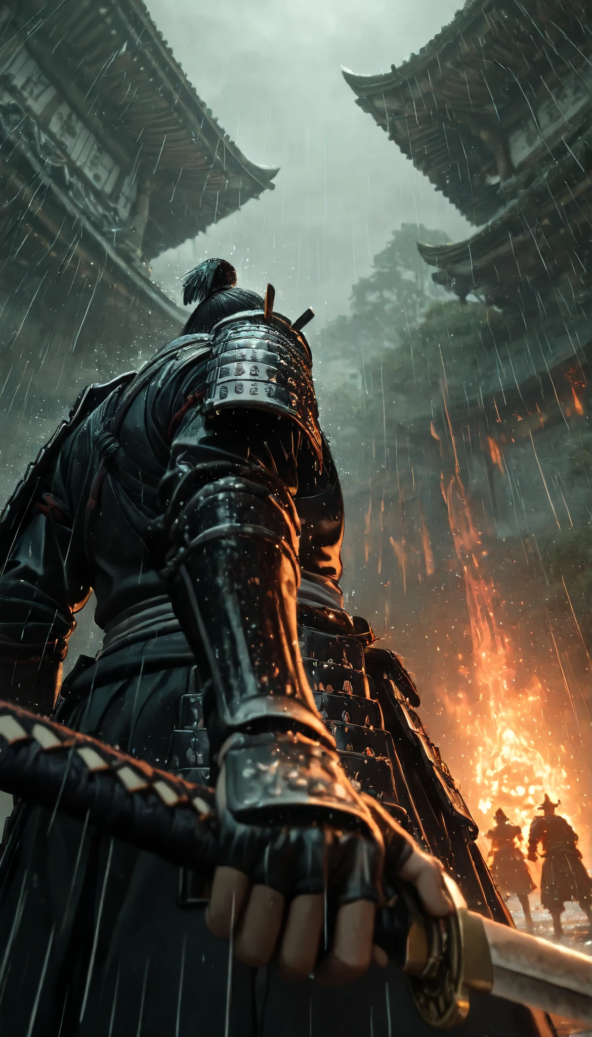 Close-up of a sword wielded by a samurai , face out of focus, Detailed sword with edge and ornament.., sword held in one hand, Image taken from below reflecting the light of the metal sword..((from behind)),1 thousand,in the image you can see the hand the swords and a landscape of a forest with a river,imagen tomada desde abajo en la cintura a la altura del culo from behind,2 samurais,showdown,perspective,Samurai duel,heavy rain,temple burning in the background, depth of field, high definition image, a lot of details,cinematic,dramatic lighting,sword duel,fight,1vs 1