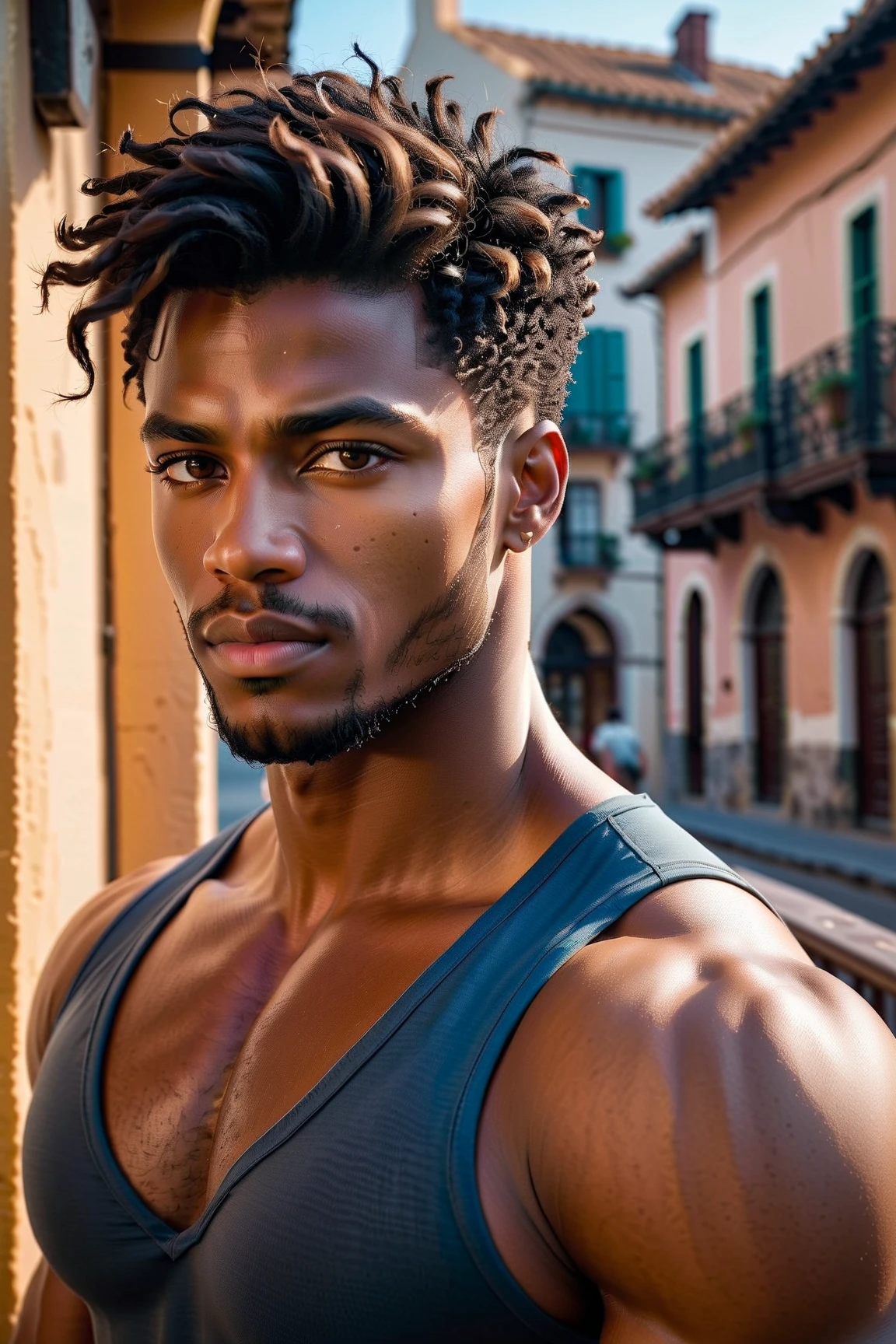ultra realistic,niño de 15 y de 15-year-old boy with brown cinnamon skin, toned athletic body straight hair,serious thoughtful male observer has a bare back and wears a white outfit typical of ancient Egypt, walk through the streets of a modern city