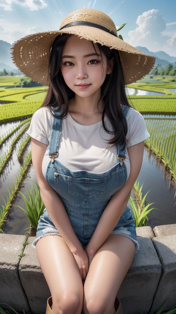 (masterpiece), high details, high quality, expressive eyes, perfect face, gorgeous eyes, A beautiful ebony woman, farmer woman, smiling, (white t-shirt, overalls, straw hat, boots), cinematic lighting, lens flare, aqua eyes, Long eyelashes, eyeliner, (ebony woman), subtle makeup, tanned skin, curvy hourglass body shape, medium breasts, wide hips, (blonde hair, Thick layered medium double-tailed hairstyle, full layered thick hair, full layered hair thick), gradient hair, shiny hair, Extremely detailed realistic clothing, ((twilight, sunset light, cloud, Beautiful rice field and colourful, full of rice paddy, cinematic scene of farmers growing rice in wet land, golden rices, ears of rices, full of rice plants, Surrounded by golden rice plants, The golden ears of rice shine brightly, she's sitting in the middle of the rice field, from above)), hands on hips, colorful light, particles, heterochromia, gold color schemes, full body