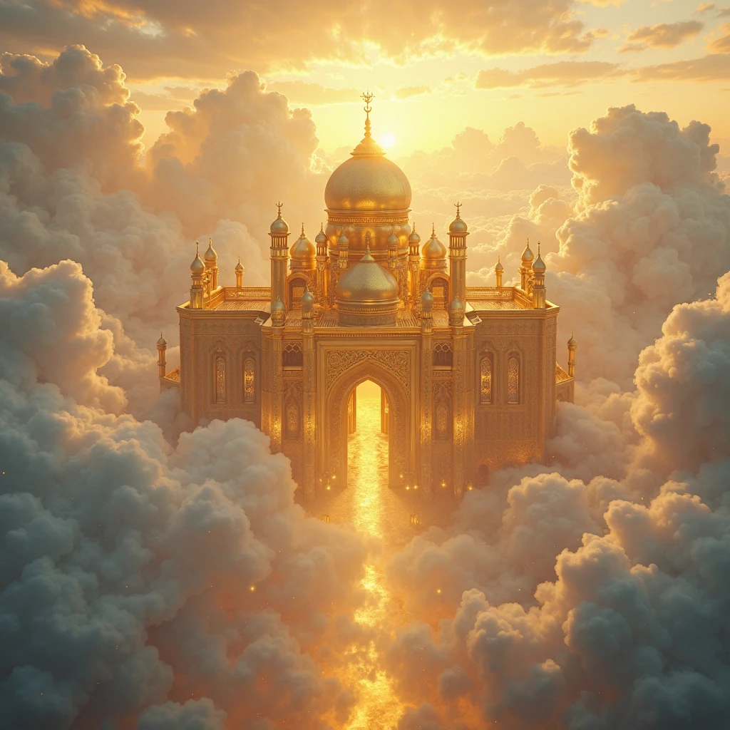 Golden temple india in furturistic world , mystic light , cloudy background,  beautifully depicted ,zoom angle , radiant light 