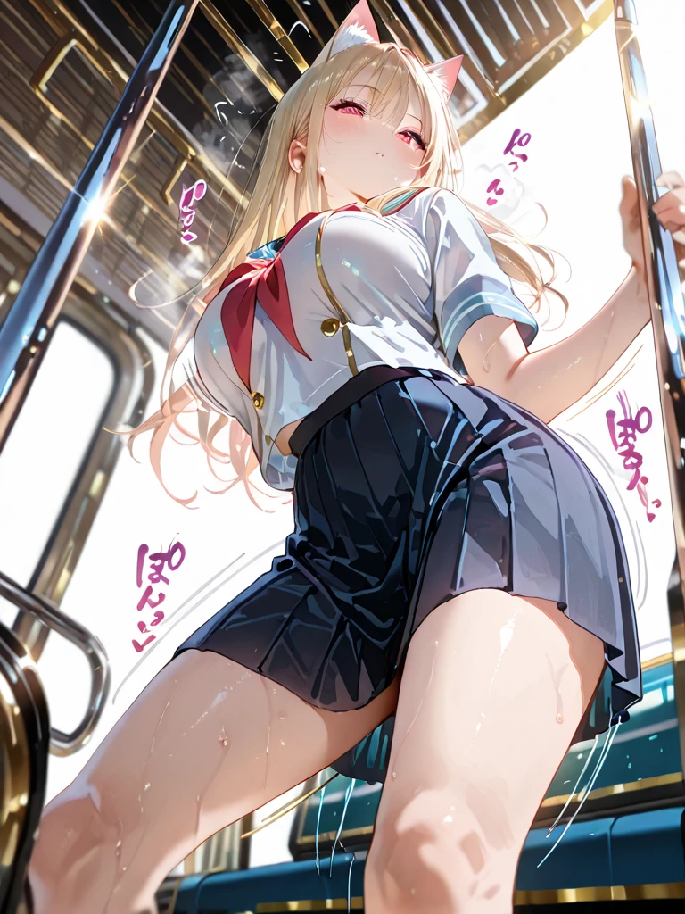 NSFW, You are a man and you actually see reality from your perspective and you lick the girl's ear from the side. Her back is turned and you can see her beautiful cleavage over her shoulder. waist and buttocks from above, The girls buttocks are pressed against the viewers lower abdomen, on the train, back, buttocks, viewer's own abdomen and penis, sex, reverse upright viewer's abdomen, standing girl for Back doggy style sex Rape, (Masterpiece, Super realistic, Super details, Super Highest Quality, Super Highest Quality), super cute and beautiful girl, You are male professional photographer, Japanese gal, For dark brown eyes, Blonde yellow hair, Pink ribbon, gal make-up, False eyelashes, Pearl pink lips, Unbuttoned out Hemmed sailor red open collared open front white shirt, (Very thin shirt:1.3), beautiful side face focus, big open mouth, (brown eyes:1.4), big round chest, BREAK, (Half down two side up blonde very long hair style:1.4), (Wider at the hem flabby large in size Super Loose Socks:1.4), An innocent , (skin fang:1.2), realistic cute Japanese girl, standing pose, wear white unbuttoned shirt, low-rise pleated plaid micro mini skirt, Japanese cute girls, long hair, blonde hair, two side up, hair ribbon, pink ribbon, frills, opened sailor collar, necktie, white shirt, long sleeves, red skirt, from behind POV, (shirt trimmed with white frills:1.4), She arches her back very much, from above, head back Chin up close face focus from above, The angle of view is such that it looks like you, the male viewer, are actually standing behind the girl and having sex from behind. vaginal sex from behind, inserted penis from below, spread buttocks,