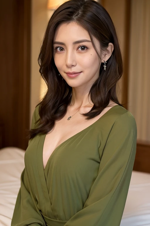 muste piece, Raw photo, best quality, photorealistic, Highly detailed CG unity 8k wallpaper, Depth of the bounds written, cinematic light, extremely beautiful face, beautiful lips, beautiful eyes, intricate detail face, ((Super detailed skin)), (1 woman), (35 year old sensual woman), (facing forward), (Slim body type), (((view audience))), (a big smile), sitting in the bedroom, (Emerald Green Silk Lace), (Bust in good shape), cleavage