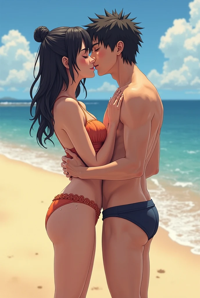 Duo, score_9,score_8_up,score_7_up, source_cartoon, source_anime, 2 people, a tall thick dark skin woman with black hair in a ponytail and green eyes wearing a red bikini, a big white man with big dick, woman having sex with man, woman in cowgirl position, man is sitting in chair, man is grabbing woman's ass with both hands, beach, eyes closed, kissing, nsfw