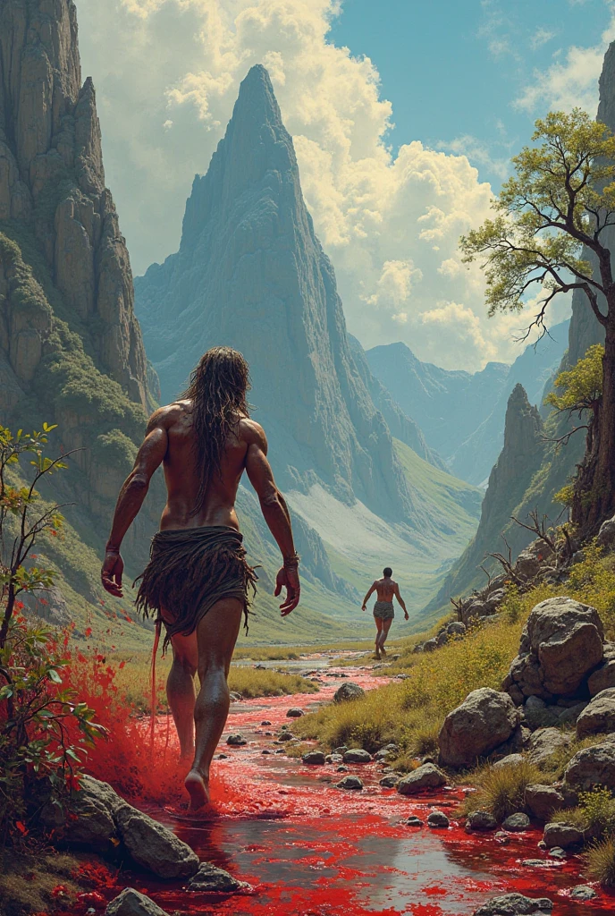 A bloody ancient teenage boy, trapped on the edge of a ravine and surrounded by many waiting bloody bison, below the ravine there is a rushing river, chaotic atmosphere, no blur, very realistic, realistic texture, 16:9 ratio