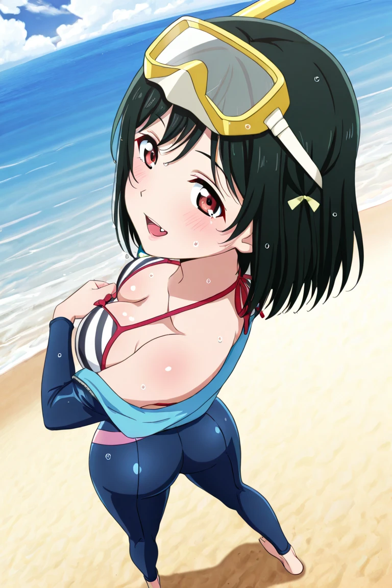 Makoto,black hair,short hair,toned, tanned skin color,brown eyes, sweat, embarrassed, blush.solo,  covered nipples, 
Mgear, yellow ribbon choker, barefoot, red bikini, 
 in a dojo, near sea, low angle, close up,
(insanely detailed, beautiful detailed face, masterpiece, best quality)
 <lora:makoto-10v2:0.7> <lora:eager_pet_pose_v1:1>