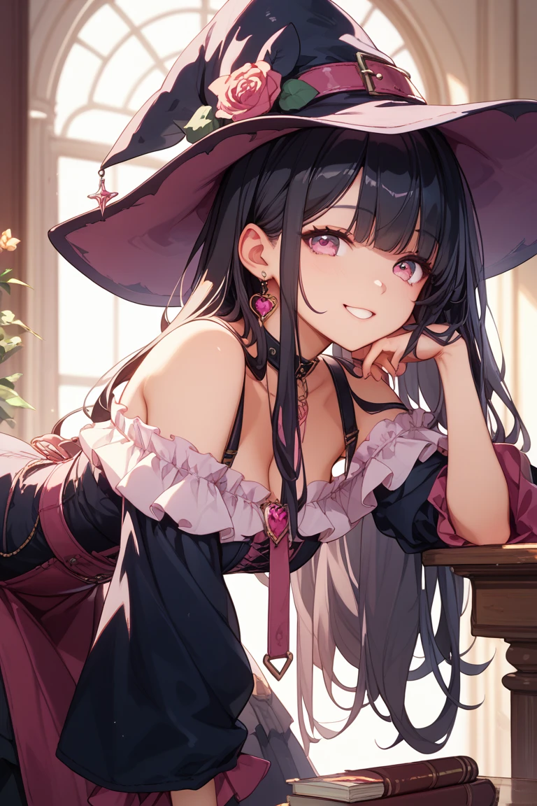 (best quality,4k,8k,highres,masterpiece:1.2),ultra-detailed,(realistic,photorealistic,photo-realistic:1.37), teenage boy magically transformed into a cute witch girl, gender bending, anime style, beautiful detailed pink eyes, long black hair with pink dye, extremely detailed and flowing, the girl is happy and radiant, small and delicate breasts, dressed in a stunning black gothic dress with intricate lace and ribbons, the dress hugs her figure perfectly, a witch's pointy hat sitting atop her head adding a touch of whimsy and mystery, the hat adorned with cute bows and stars, the girl is surrounded by a magical aura, her skin glows with a translucent complexion bathed in soft moonlight, vibrant colors accentuate the visual impact of the artwork, the anime style emphasizes the girl's youthful energy and innocence, capturing the essence of her transformation in a captivating and enchanting way.