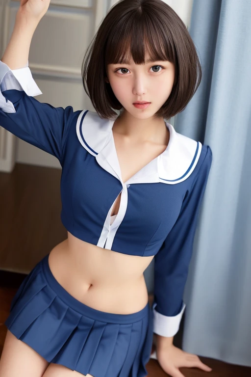 (8K、RAW Photos、top-quality、masterpiece:1.2)、(realisitic、Photorealsitic:1.37)、女の子1人、japanes、18year old、femele、Classroom、natta、profetional lighting、Photon mapping、torn、Colossal tits、The tips of the knitted, which are pure white and very small in size, stick out、areola protruding、The shape of the pubic area is clearly visible、gals、Lots of lashes、Lame on the eyelids、Pitch black lip、Pitch black heels、pubick hair、the lower abdomen bristles、A slender、crotch open、My are big and are about to spill out of my bra、Very much pubic hair、pubic hair is very protruding、((Tight sailor suit、Short dark blue pleated skirt、You can see the panties.))、maroon short hair、The navel is visible、Abs are visible