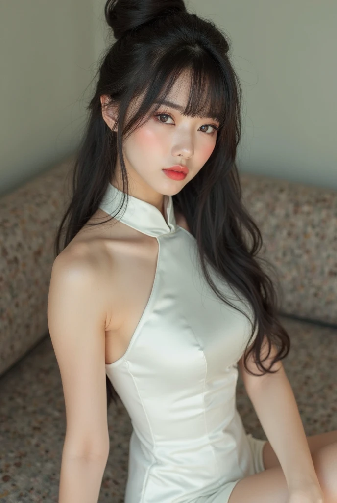 1 Girl,balcony,Soft Light,Chinese Beauty,cheongsam ,Dark-haired,long hair,