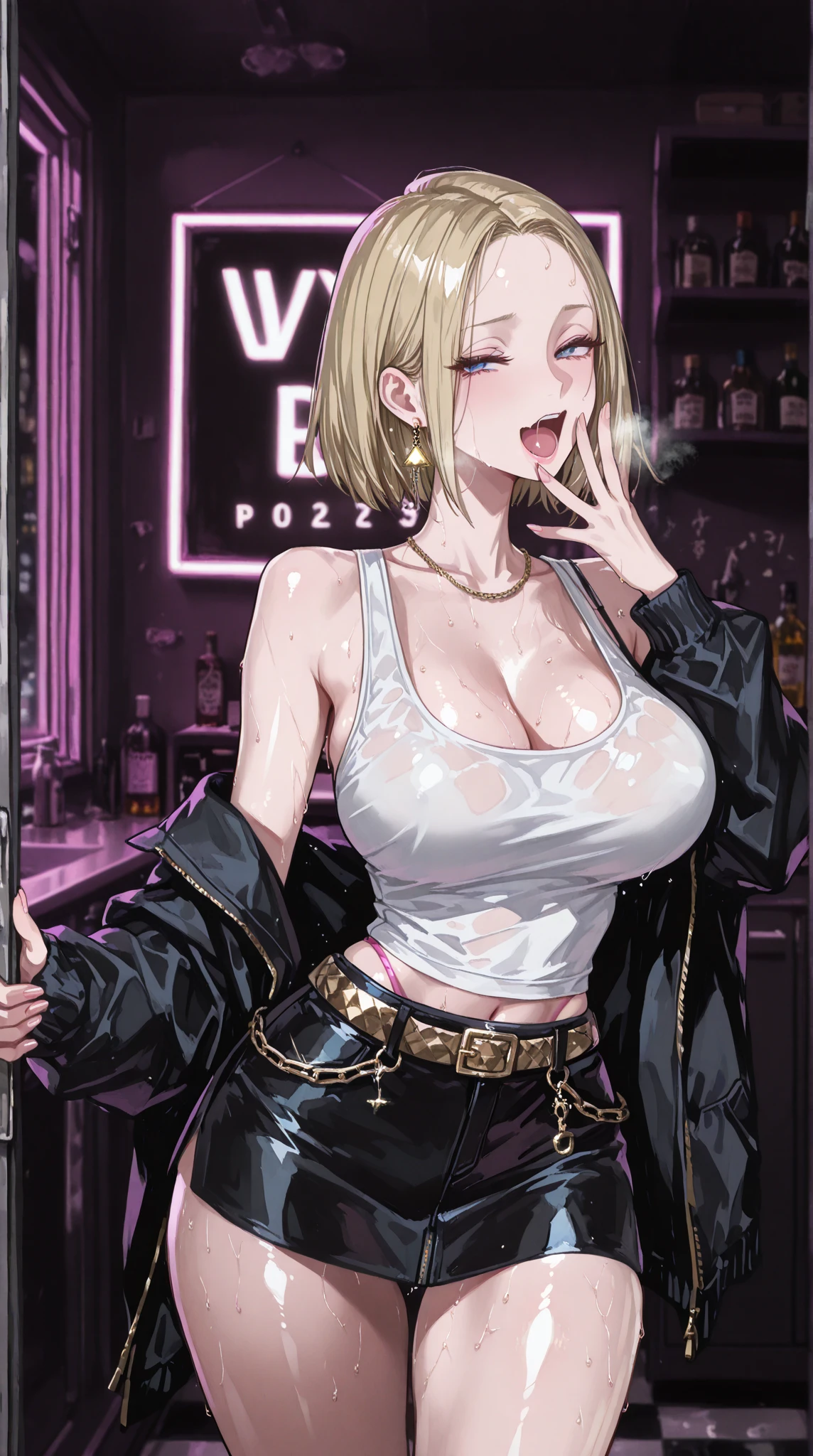 1girl, (((bimbo))),hoop earrings, big puffy lips, painted lips, thick lips.
Blonde hair, short twintails, grumpy, wide hips, thick thighs, perky breasts, bursting breasts, Nightlife, Night city, Cyberpunk city, futuristic cityscape. Neon lights, (skyscraper:1.1), Tokyo tower, palm tree, cloth sign, ramen stall, night club. bright city lights, exotic car. alcohol, bar, ramen, soup stall ,alcohol bottles, stomach blush, overflowing breasts, rounded stomach, pubic tattoo, word underbelly tattoo, cameltoe, gym shorts, sexy dolphin shorts, low hanging shorts, slutty yellow jacket, vagina liquid running down between thighs, no panties, pussy juice in between thighs, legs slightly apart, ruler tattoo, ruler tattoo with heart on top, pants fly open, covered nipples, heart tattoos on groin, see through tattered camisole, black camisole, from side, looking at viewer, motion lines from tits, baseball cap, anime_screencap, between_labia